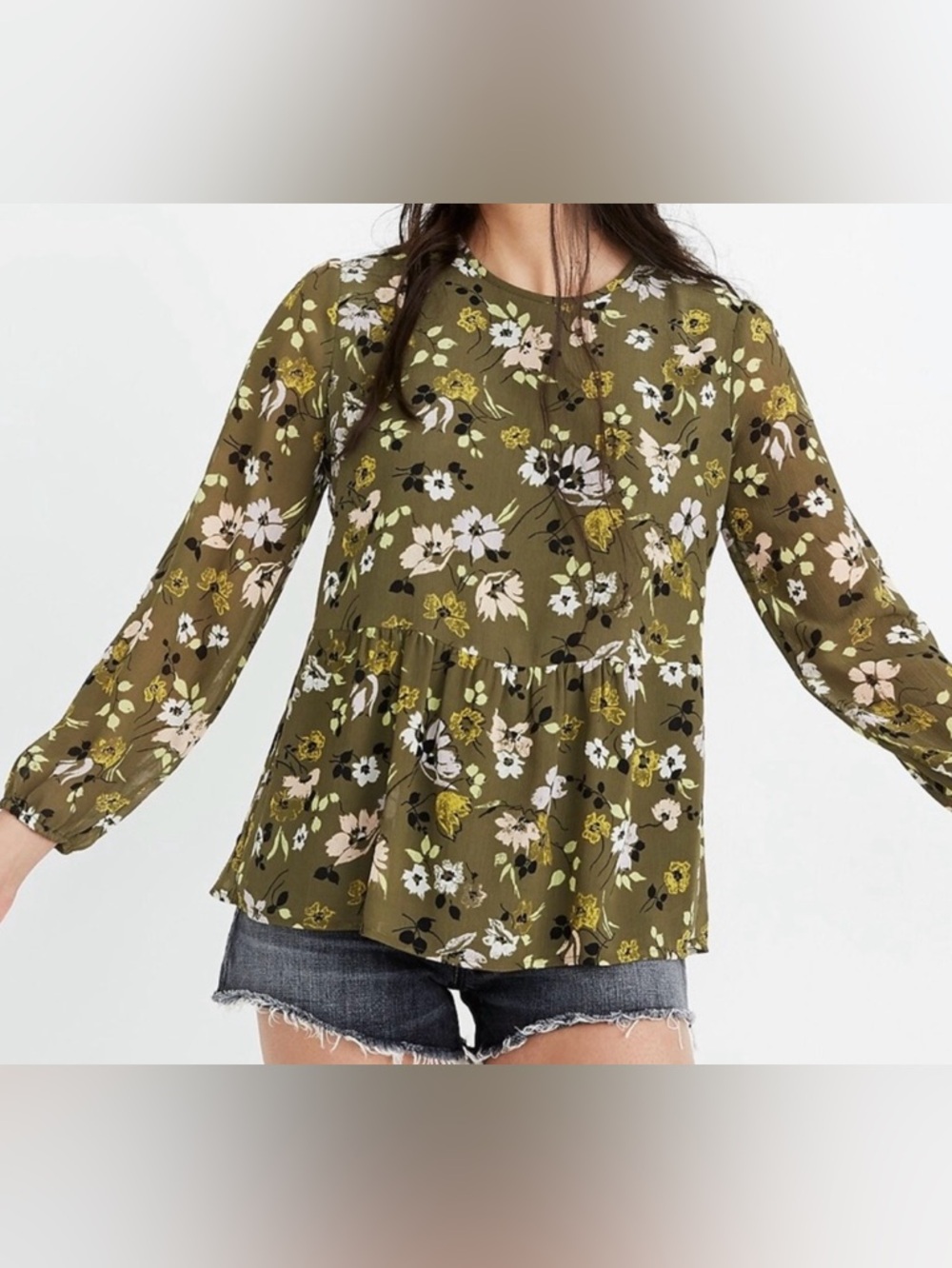 Madewell Floral Peplum Blouse Womens XS Olive Green Long Sleeve Boho Romantic